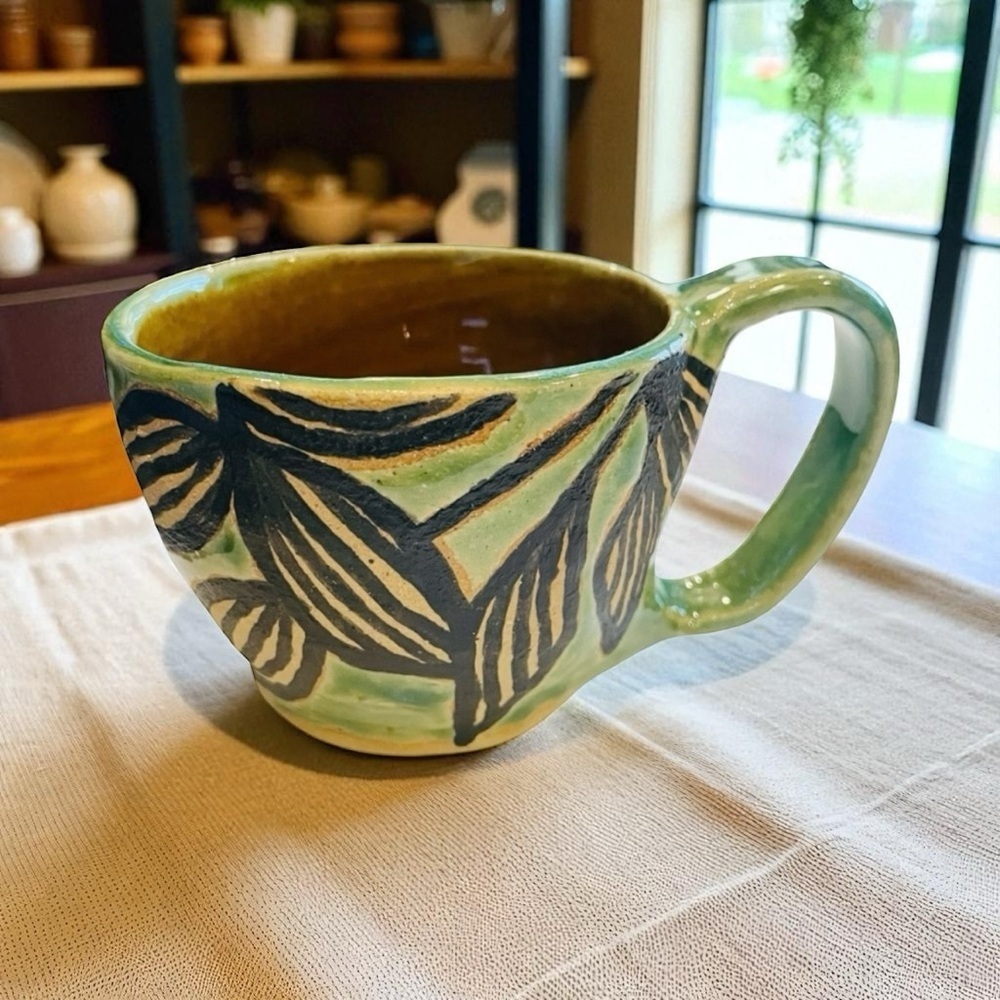 Handmade Ceramic Mug – 2.5” – Green & Black Botanical Design signed by Artist